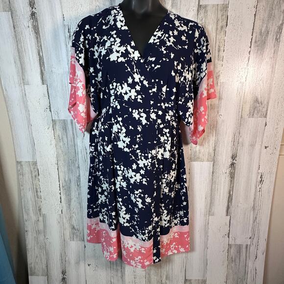 Motherhood Maternity Floral Wrap Dress Navy/Pink Sz Large | MSRP $50 - Picture 1 of 7